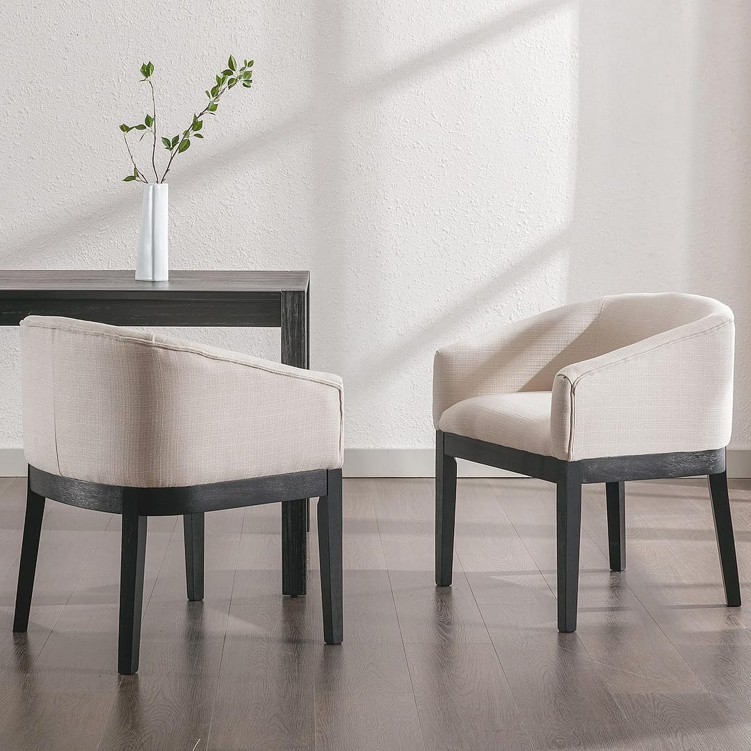 Beige Dining Chairs Set of 2 Mid-Century Modern Dining Chairs Linen Upholstered Kitchen Dining Room Chairs Curved Backrest Dining Chairs with Black Wood Legs