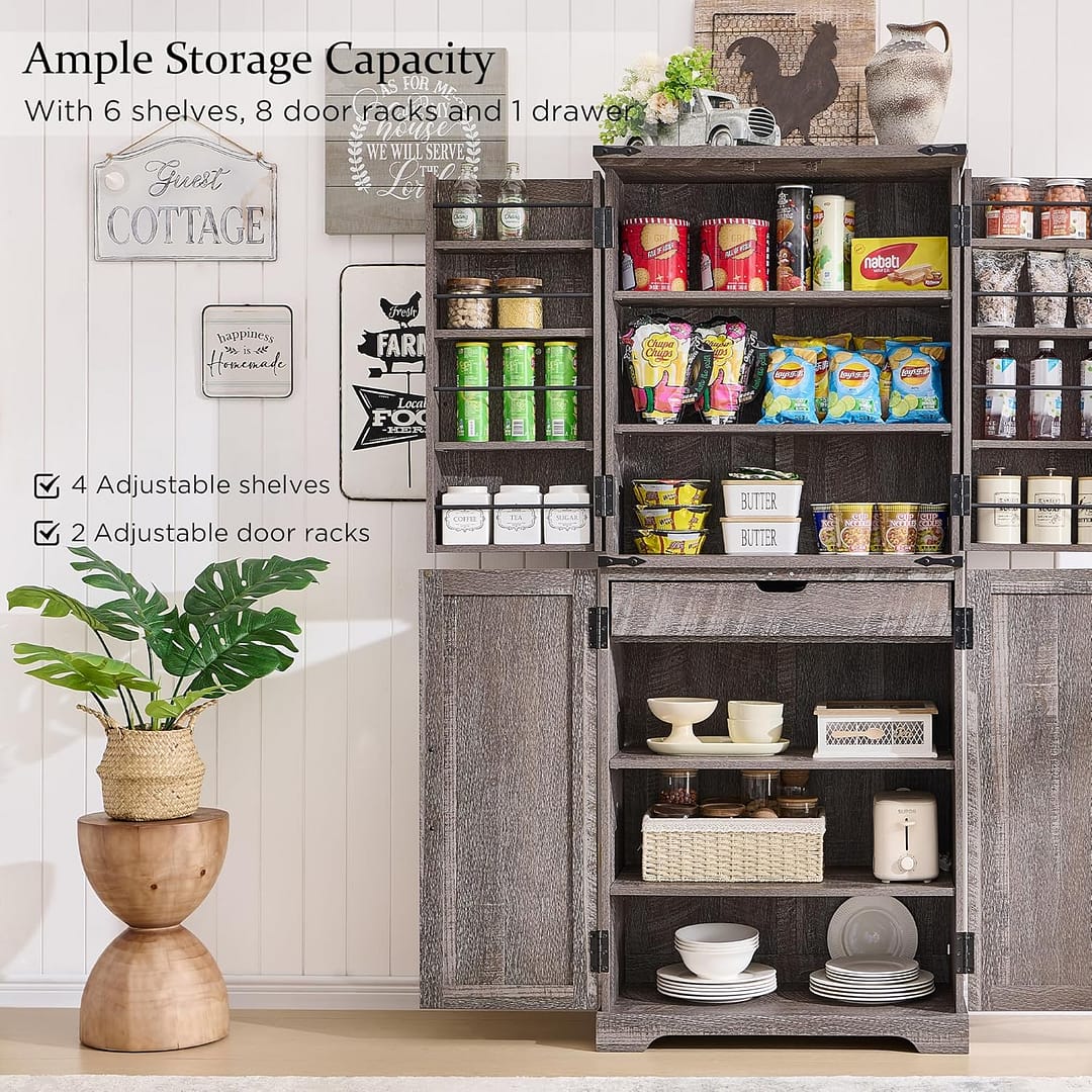 72″ Tall Kitchen Pantry, Farmhouse Storage Cabinet with Barn Doors, Organizer, Drawer and Adjustable Shelves, Rustic Wood Cupboard for Kitchen, Dining Room, Bathroom and Hallway, Rustic Grey