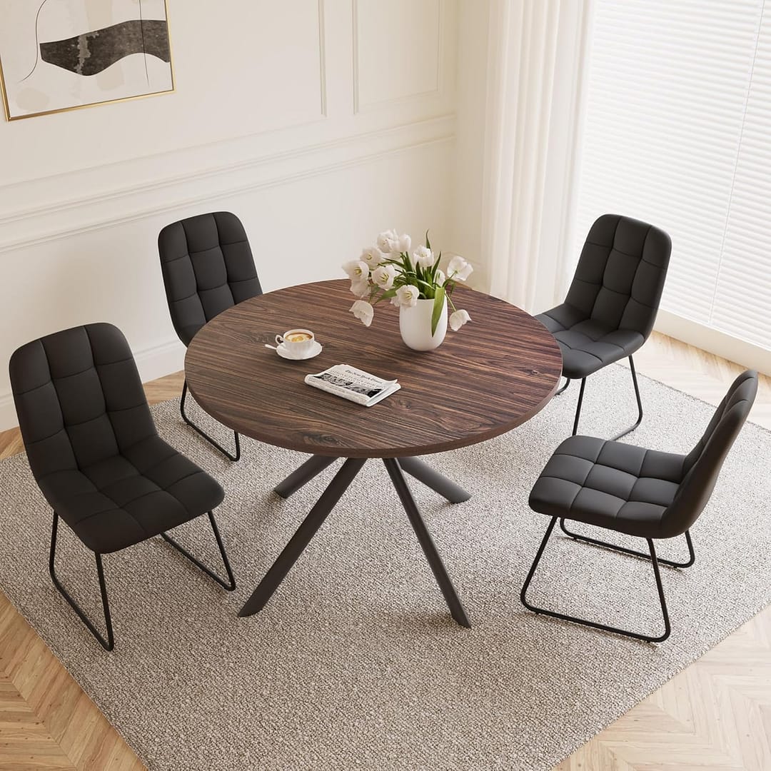 45.3 Inch Round Dining Table Set for 4, Mid Century Modern Small Coffee Set for Dining Room Kitchen Apartment (Walnut Table + 4 U-Shaped Black Chairs)