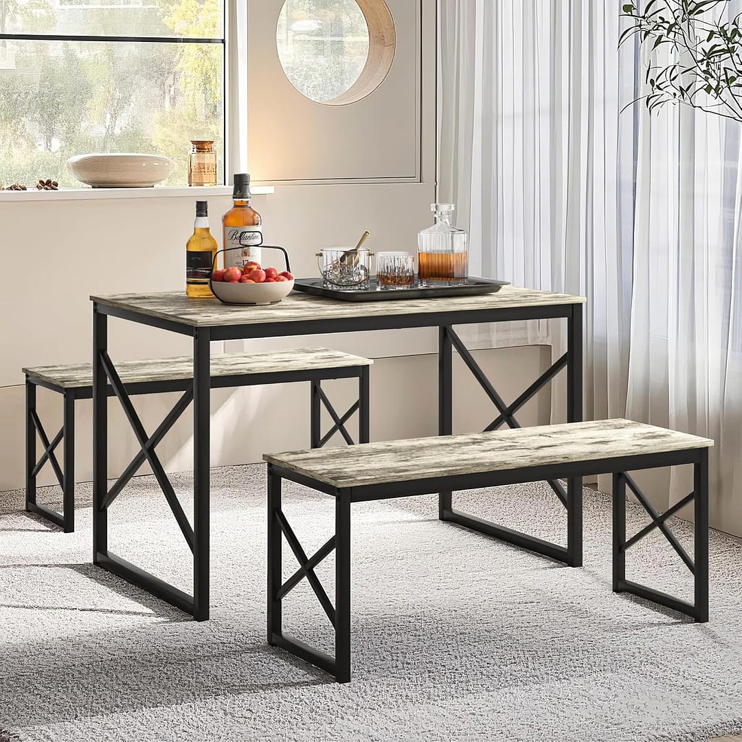 VECELO Kitchen Dining Table Set for 4, 43.3" Wood Rectangle Dinette with 2 Benches, Heavy-Duty Metal Frame for Small Space, Breakfast Nook, Grey
