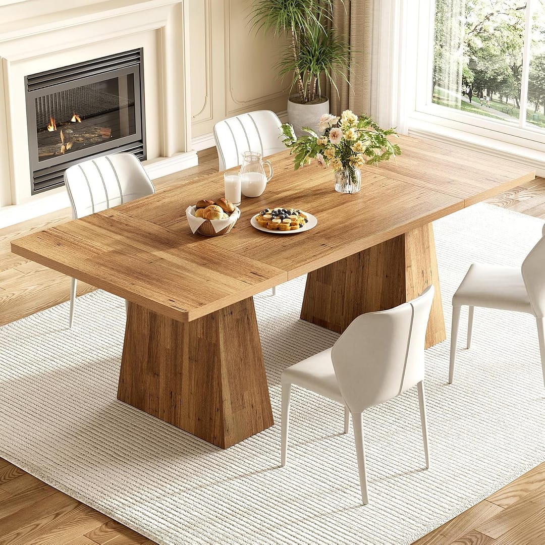 LITTLE TREE Dining Table for 6 People, Wooden Dining Table, Rectangle Table with Heavy Duty Legs, Modern Dining Table for Kitchen, Dining Room, Light Brown