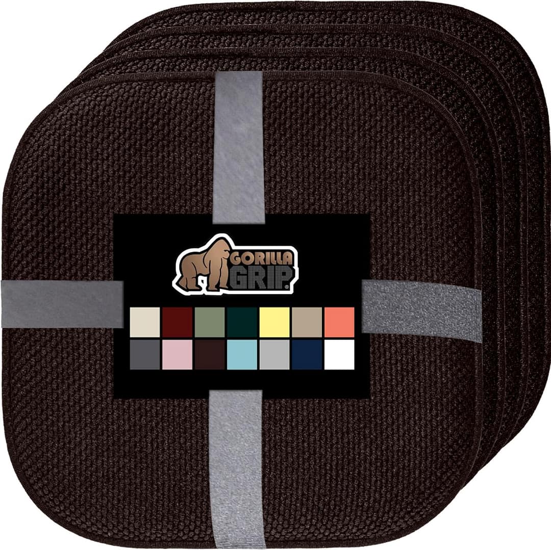 Gorilla Grip Chair Cushions, Set of 4, 16x16, Memory Foam Pads for Dining Room, Kitchen Table, Office Desk, Rocking Chairs, Stay in Place Backing, Comfortable Microfiber Seat Cover Pad Cushion, Brown