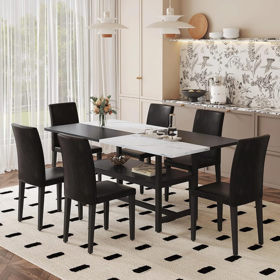 71" Dining Table Set for 6 with Storage Shelf - Modern Industrial Rectangular Dining Table Set with Metal Legs & Upholstered Chairs, White & Black Split-Color Design for Dining, Kitchen, Living Room
