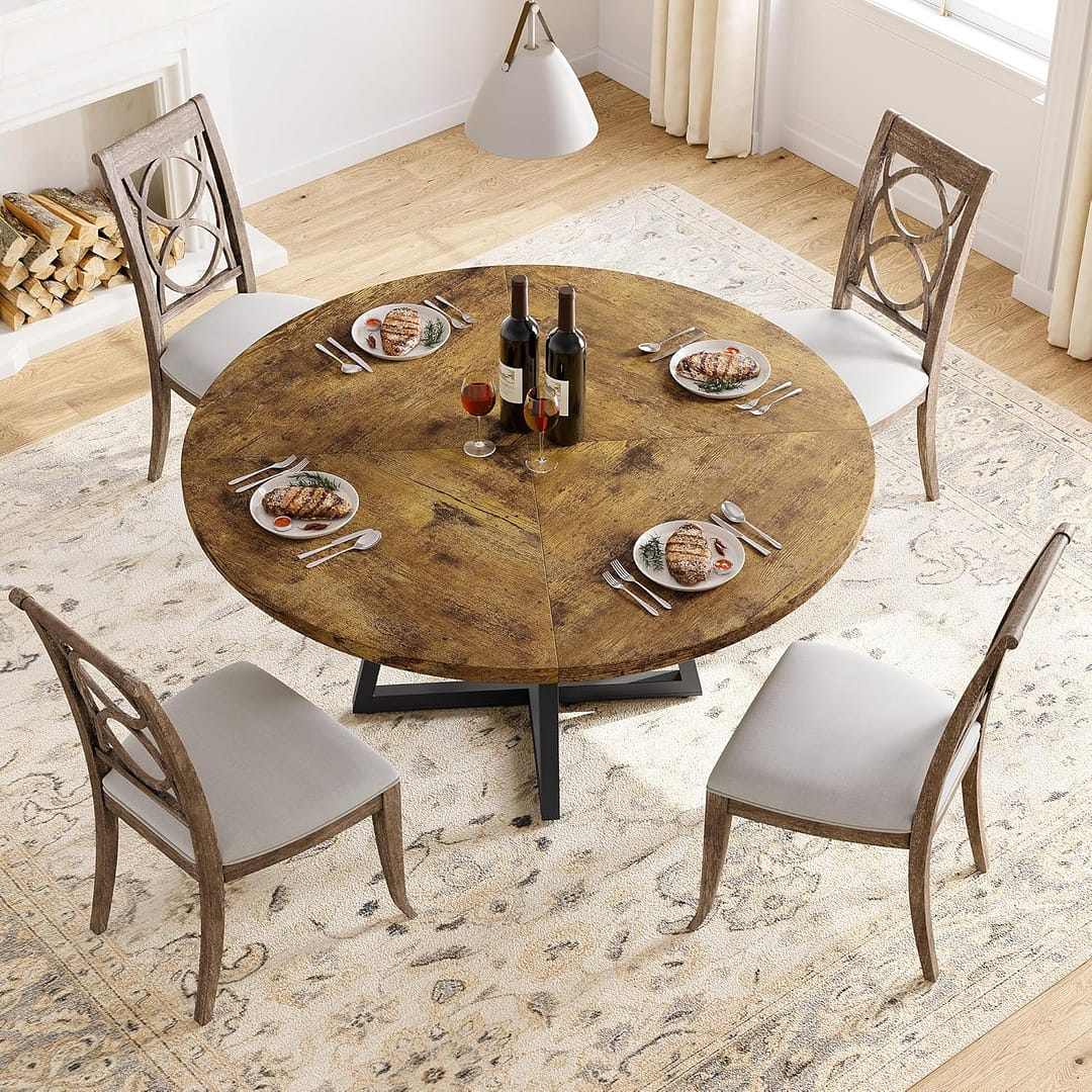 GAOMON Round Dining Table, 47 Inch Round Dinner Table for 4, Industrial Kitchen Table with Wooden Top and Metal Base for Home Dining Room or Living Room – Rustic Brown(Only Table)