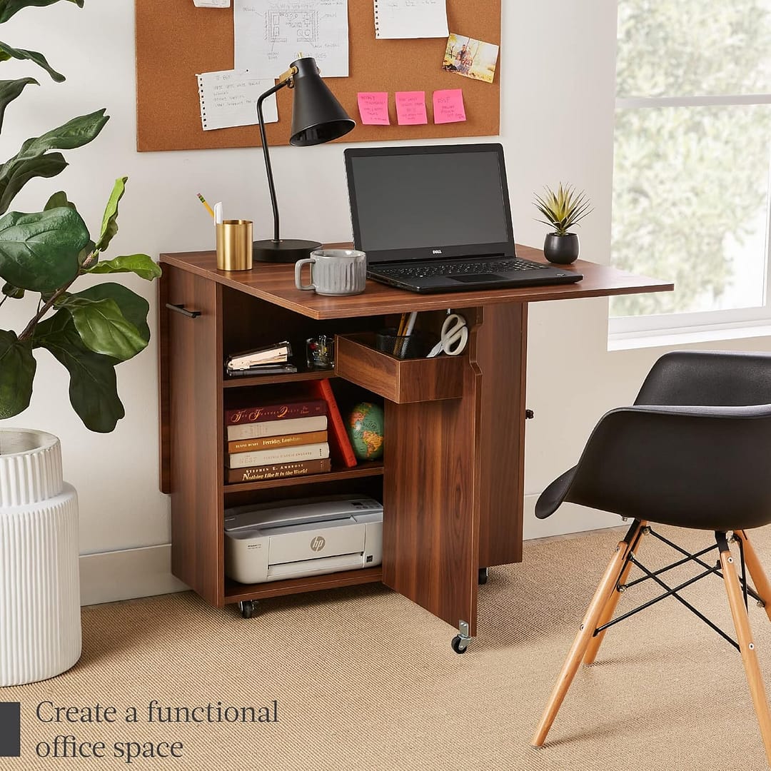 Best Choice Products Folding Dining Table, Multipurpose Space Saving Collapsible Drop Leaf Extension Desk w/Wheels, 3 Storage Shelves – Brown