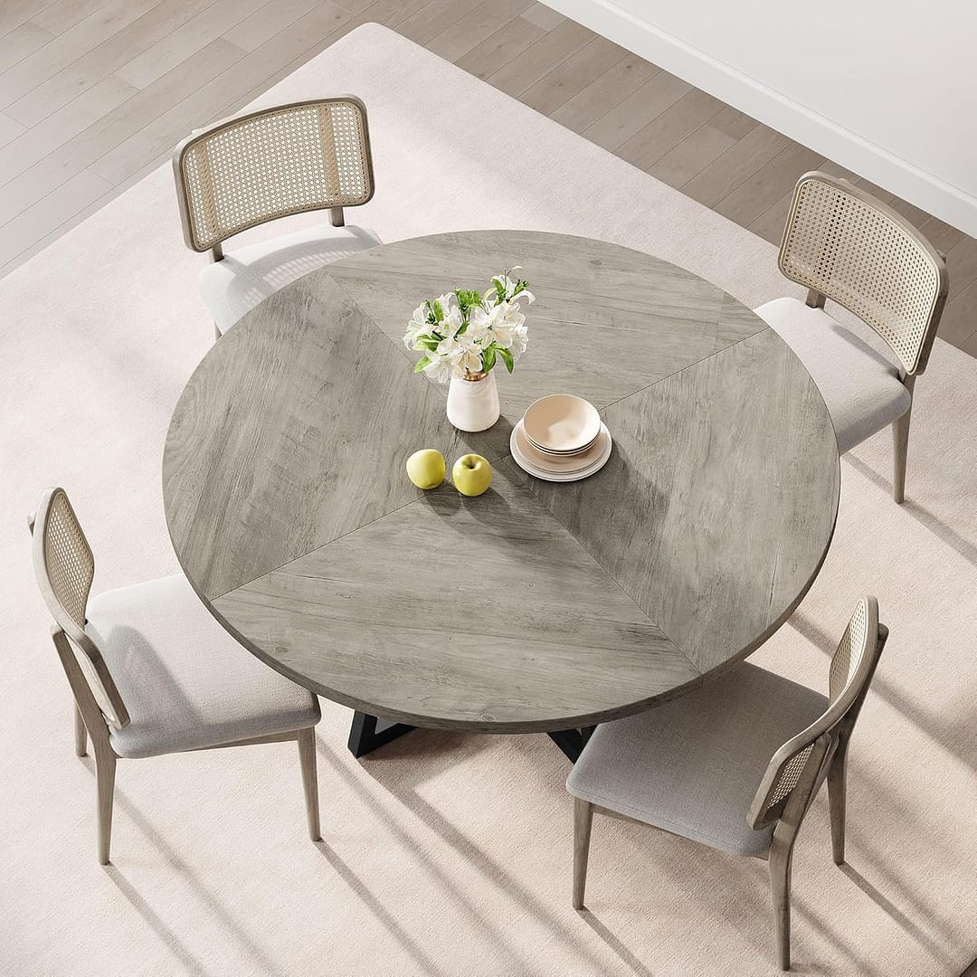 47-inch Round Dining Table, Wooden Kitchen Table for 4, Industrial Dinner Table with Wooden Top and Metal Base for Home Dining Room or Living Room – Grey(NO Chairs)