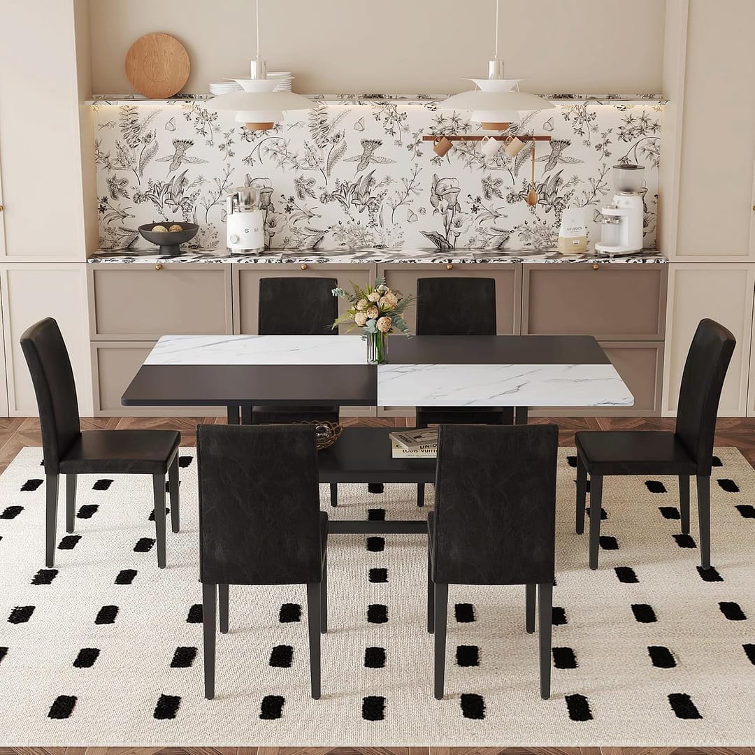 71″ Dining Table Set for 6 with Storage Shelf – Modern Industrial Rectangular Dining Table Set with Metal Legs & Upholstered Chairs, White & Black Split-Color Design for Dining, Kitchen, Living Room
