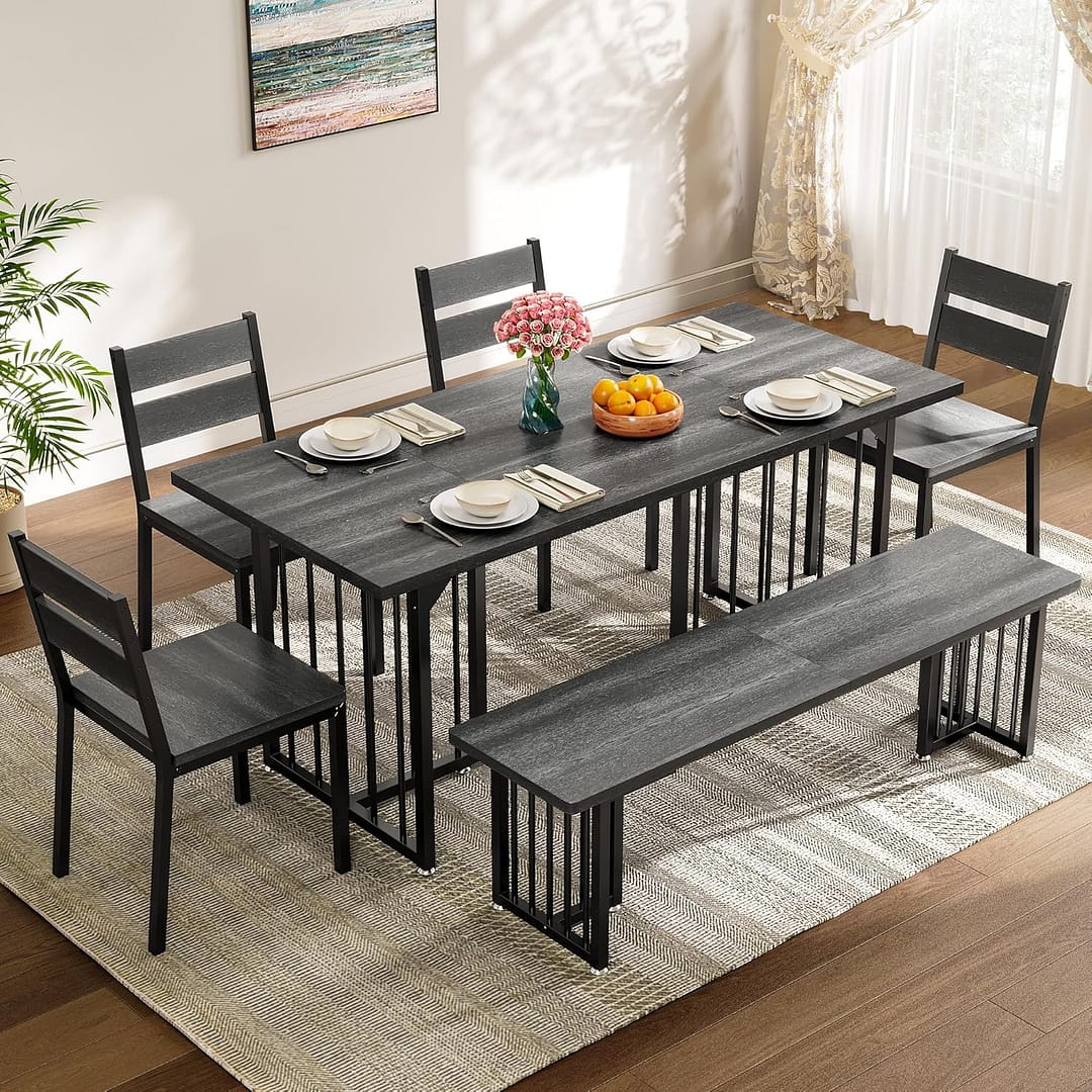 DWVO 6-Piece Dining Table Set for 6-8 People 63 Inch Kitchen Table Set with 2 Benches and 4 Chairs Farmhouse Rectangular Dining Room Table Set for Kitchen Dining Room Apartment Dark Grey