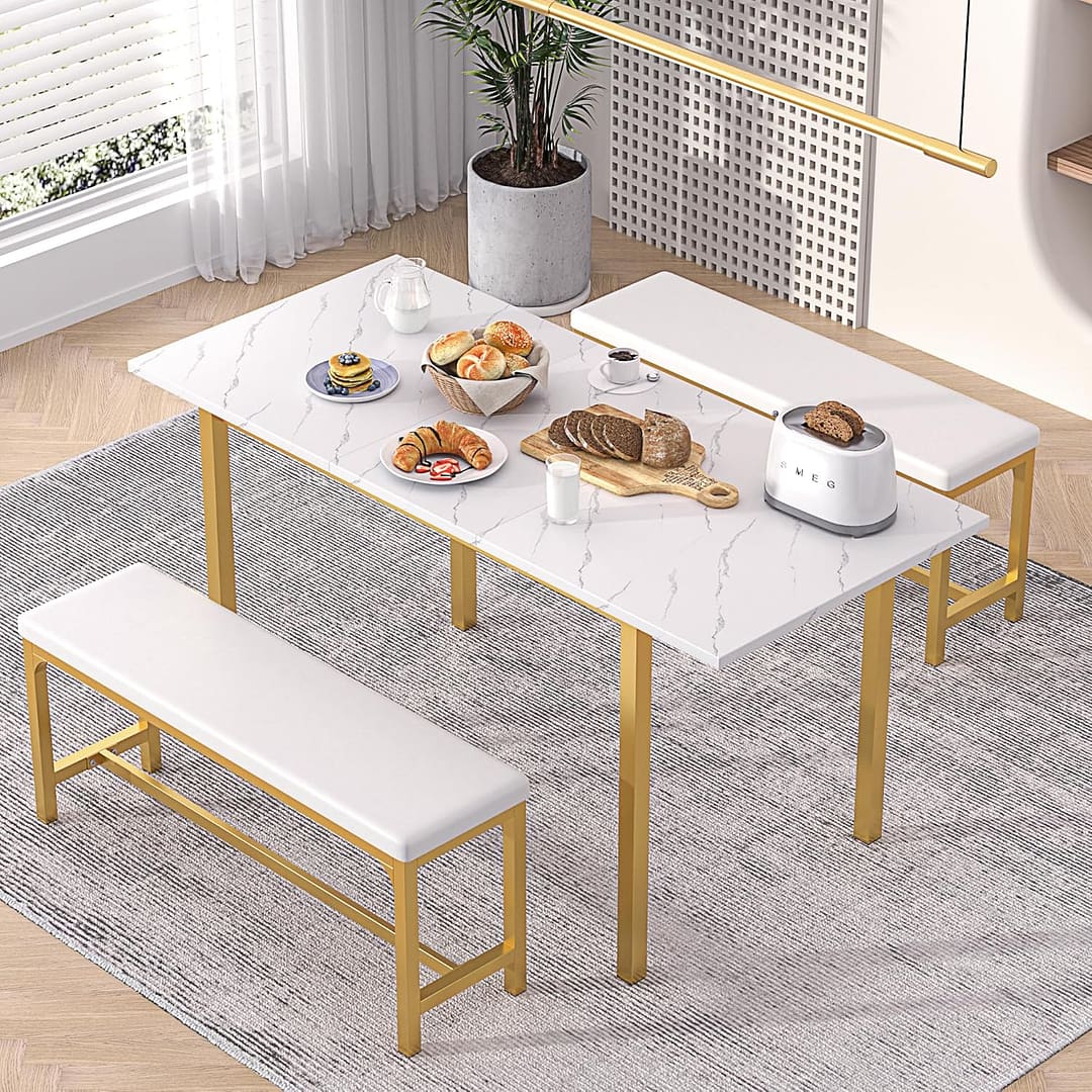 VECELO 3-Piece 63″ Extendable Kitchen Table with Benches/Chairs, Modern Breakfast Dinette/Dining Room Set for 4/6/2, Small Space Saving Design, Easy Assembly