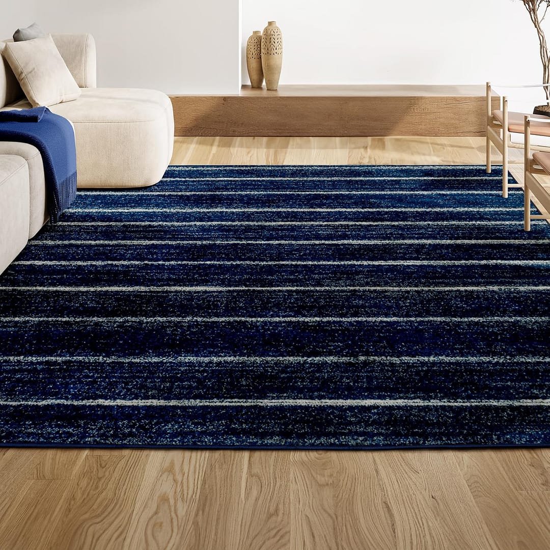 JONATHAN Y MOH201C-5 Williamsburg Minimalist Stripe Area Rug, Contemporary, Modern, Bohemian, Scandinavian, Rustic for Living Room, Dining Room, Bedroom, Kitchen, Navy/Cream, 5 X 8