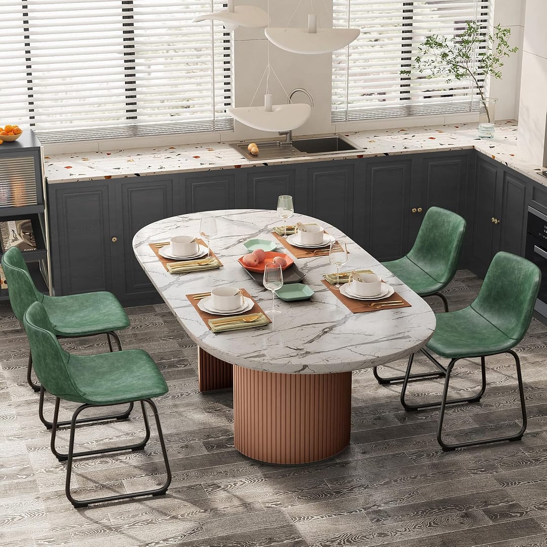 Dining Chairs Set of 6, PU Leather Armless Dinner Chairs with Backrest, 18″ Modern Kitchen Dining Room Chair with Metal Legs for Home (Green)