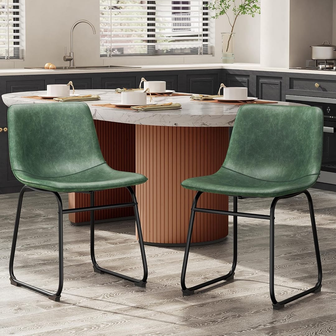 Dining Chairs Set of 6, PU Leather Armless Dinner Chairs with Backrest, 18″ Modern Kitchen Dining Room Chair with Metal Legs for Home (Green)