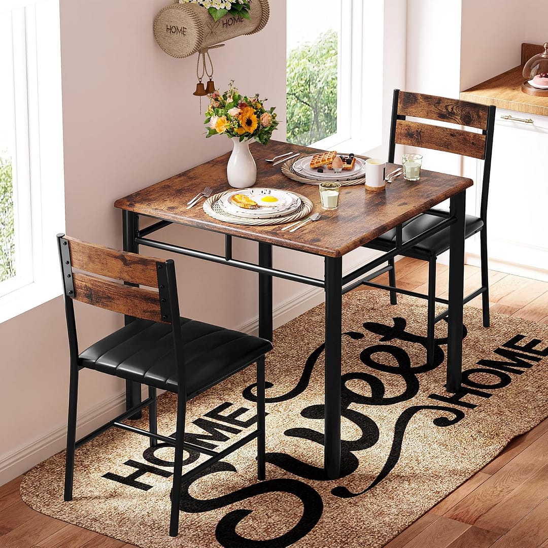 IRONCK Dining Table Set for 2, Small Kitchen Table with Upholstered Chairs Dinning Table Set for Kitchen & Dining Room, Compact Dining Set for Small Spaces, Rustic Brown
