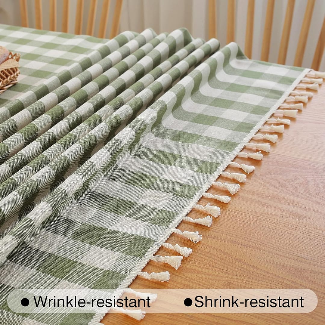 Checkered Tablecloth Rectangle Cotton Linen Fabric Gingham Table Cloth Buffalo Plaid Table Cover with Tassel Wrinkle Free Washable for Kitchen Dining Picnic, Green and White, 55X106”