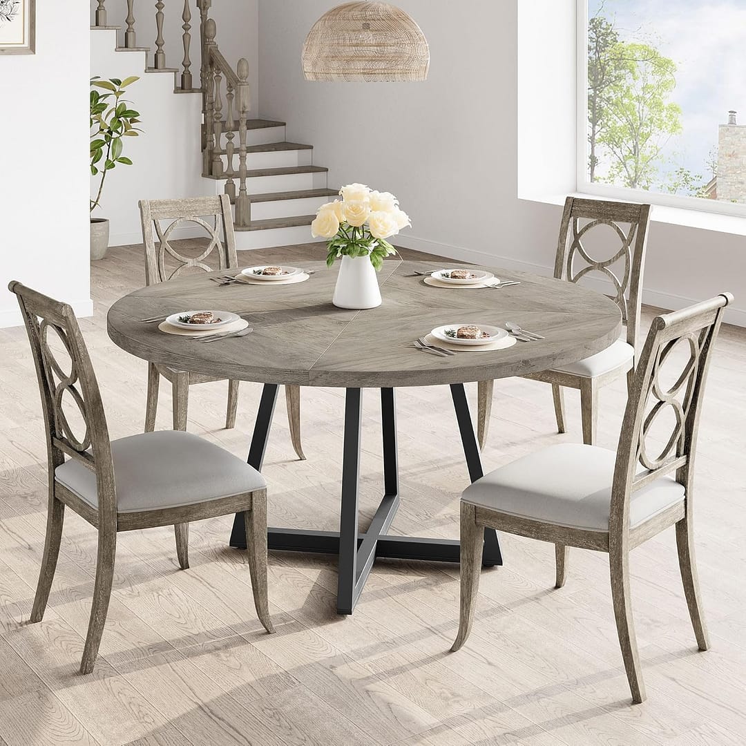 47-inch Round Dining Table, Wooden Kitchen Table for 4, Industrial Dinner Table with Wooden Top and Metal Base for Home Dining Room or Living Room - Grey(NO Chairs)