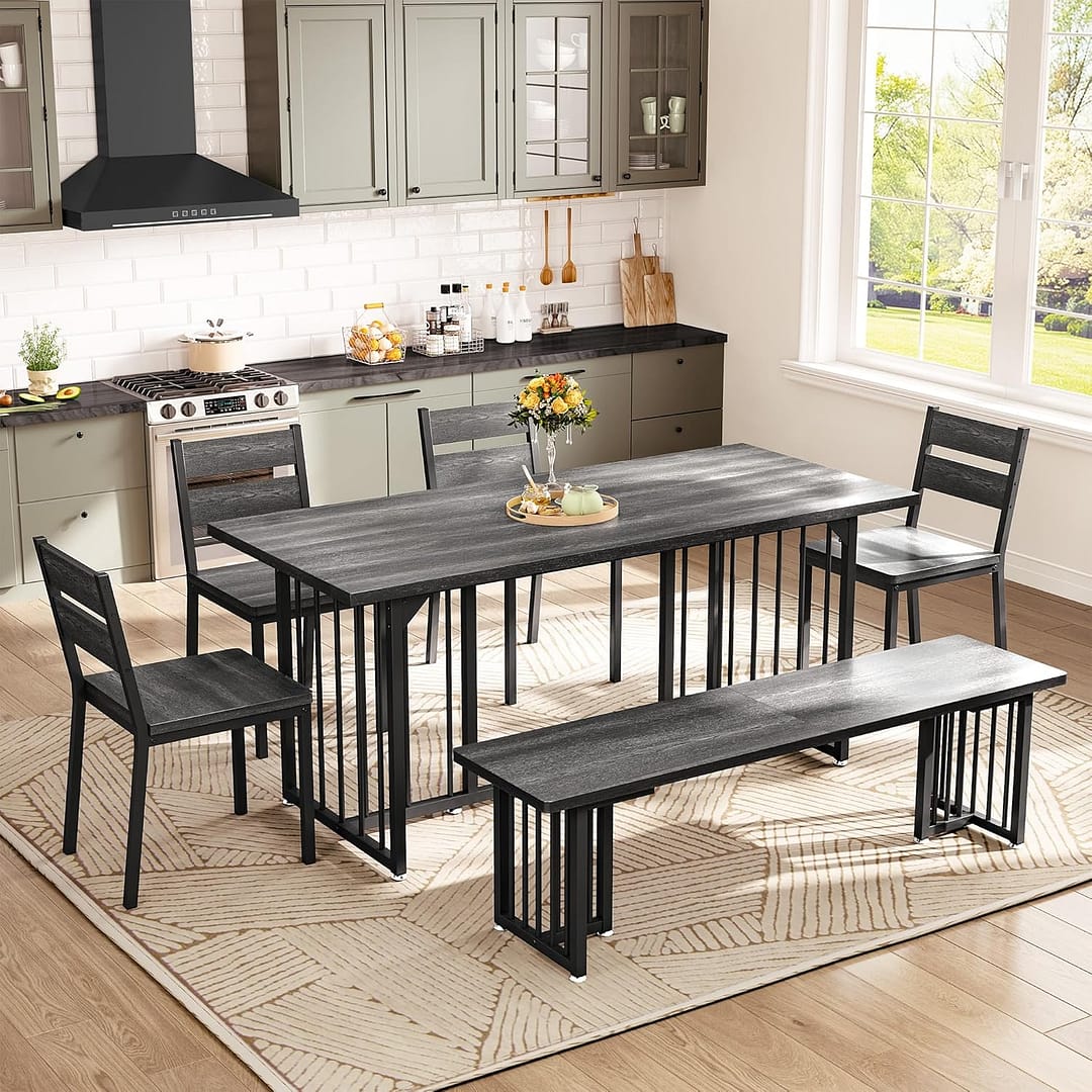DWVO 6-Piece Dining Table Set for 6-8 People 63 Inch Kitchen Table Set with 2 Benches and 4 Chairs Farmhouse Rectangular Dining Room Table Set for Kitchen Dining Room Apartment Dark Grey