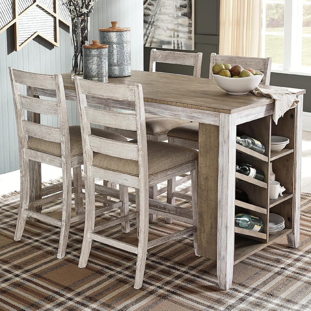 Signature Design by Ashley Skempton Farmhouse 36″ Counter Height Dining Table with Storage & Wine Rack, Whitewash