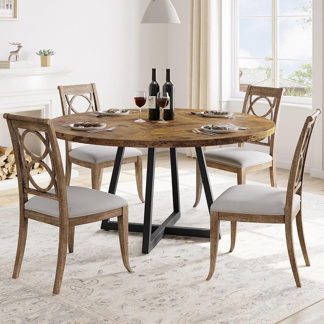 GAOMON Round Dining Table, 47 Inch Round Dinner Table for 4, Industrial Kitchen Table with Wooden Top and Metal Base for Home Dining Room or Living Room - Rustic Brown(Only Table)