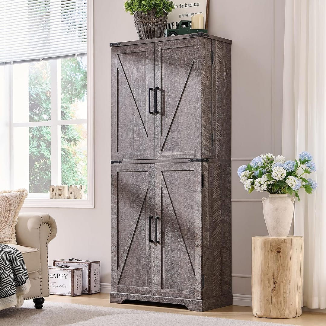 72″ Tall Kitchen Pantry, Farmhouse Storage Cabinet with Barn Doors, Organizer, Drawer and Adjustable Shelves, Rustic Wood Cupboard for Kitchen, Dining Room, Bathroom and Hallway, Rustic Grey