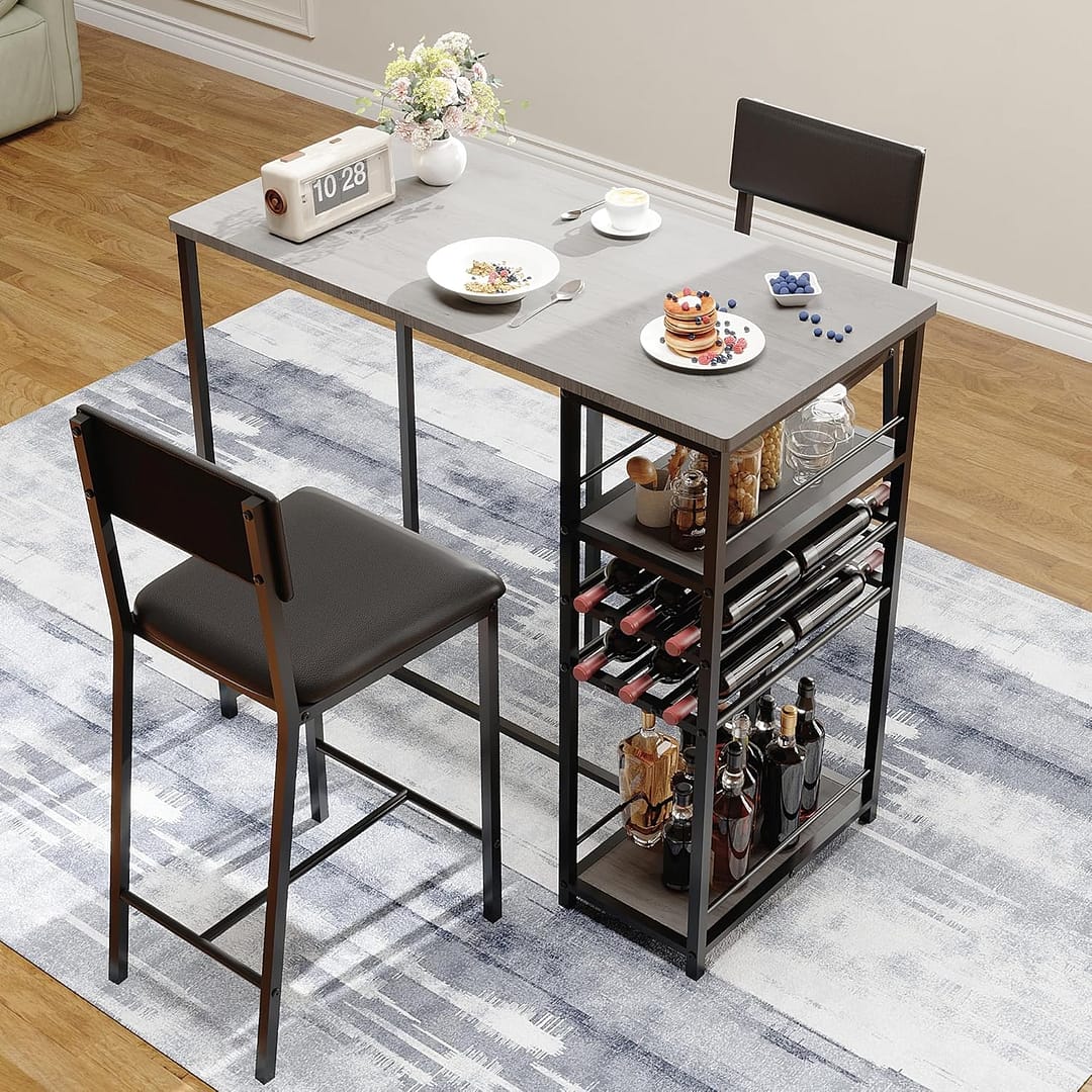 IDEALHOUSE Dining Room Table with 2 Upholstered Chairs, Bistro Table and Chairs Set of 2 with Storage Shelves, Dining Table and Chairs with Metal Frame, Small Kitchen Table for Apartment, Home