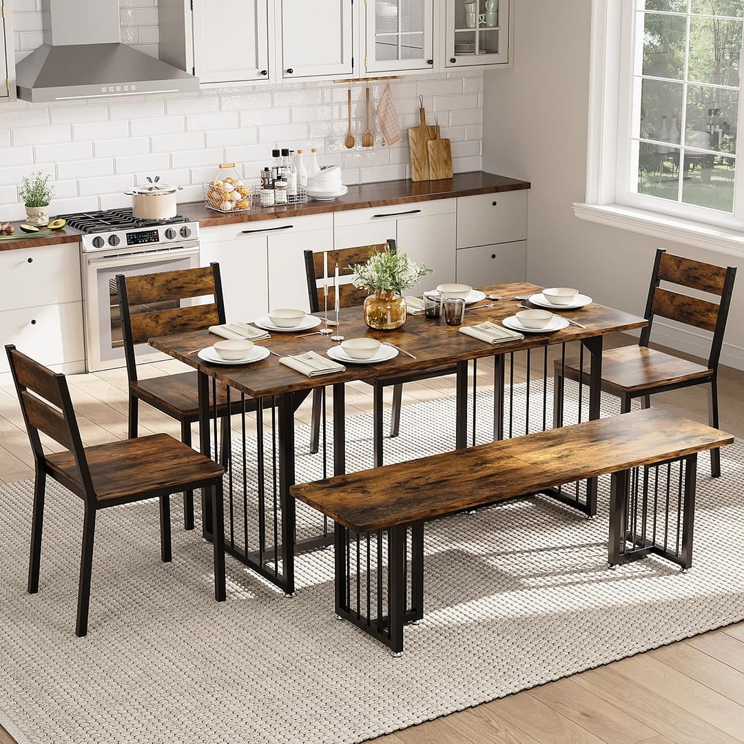 DWVO 63 Inch Dining Table Set for 6-8 People 6-Piece Large Kitchen Table Set with 2 Benches and 4 Chairs Farmhouse Rectangular Dining Room Table Set for Kitchen Dining Room Apartment Rustic Brown