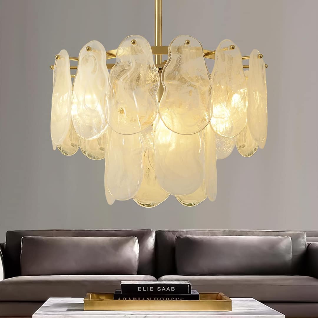Gold Modern Crystal Chandeliers 16.4in 2 Tier Pendant Light Fixtures 6-Light Round Cloud Glass Chandelier White and Gold Hanging Lighting for Dining Living Room Kitchen Island Bedroom Hallway
