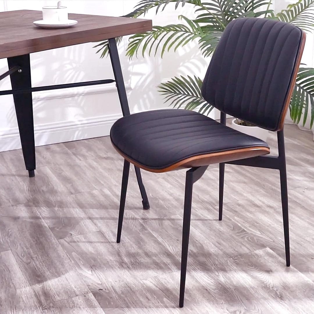 LUNLING Mid Century Modern Retro Faux Leather Dining Chairs Set of 4 with Walnut Bentwood Upholstered Seat Metal Legs Adjustable Foot (Black)
