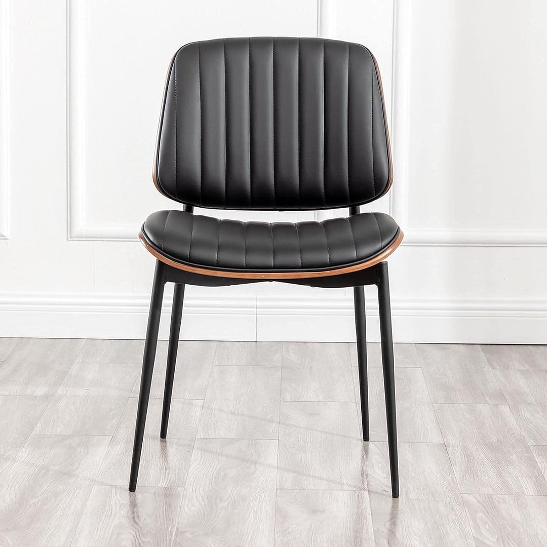 LUNLING Mid Century Modern Retro Faux Leather Dining Chairs Set of 4 with Walnut Bentwood Upholstered Seat Metal Legs Adjustable Foot (Black)