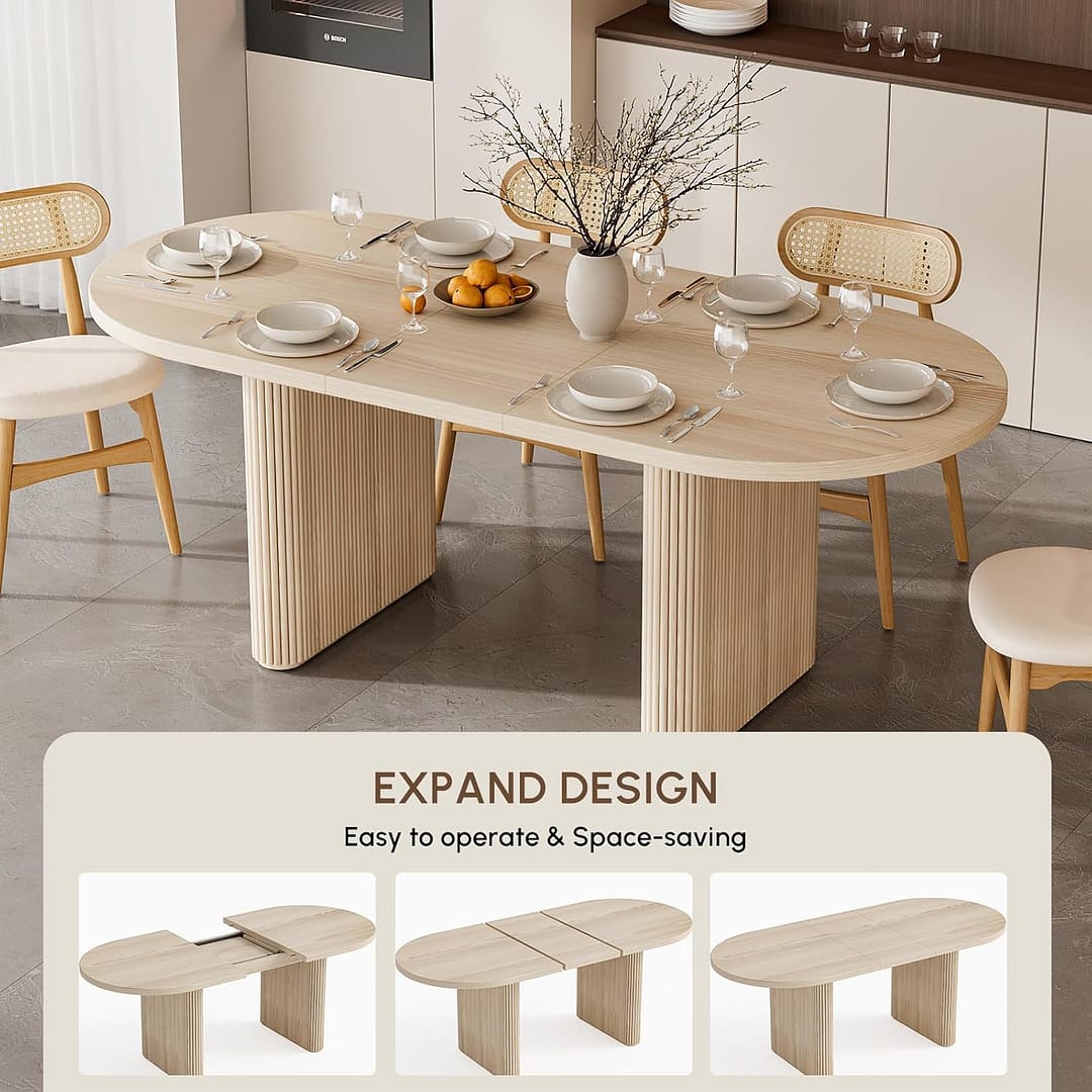 homary Oval Dining Table for 4-6, 63″-79″ Extendable Kitchen Table, Japandi Wooden Dining Room Table with Pedestal Base