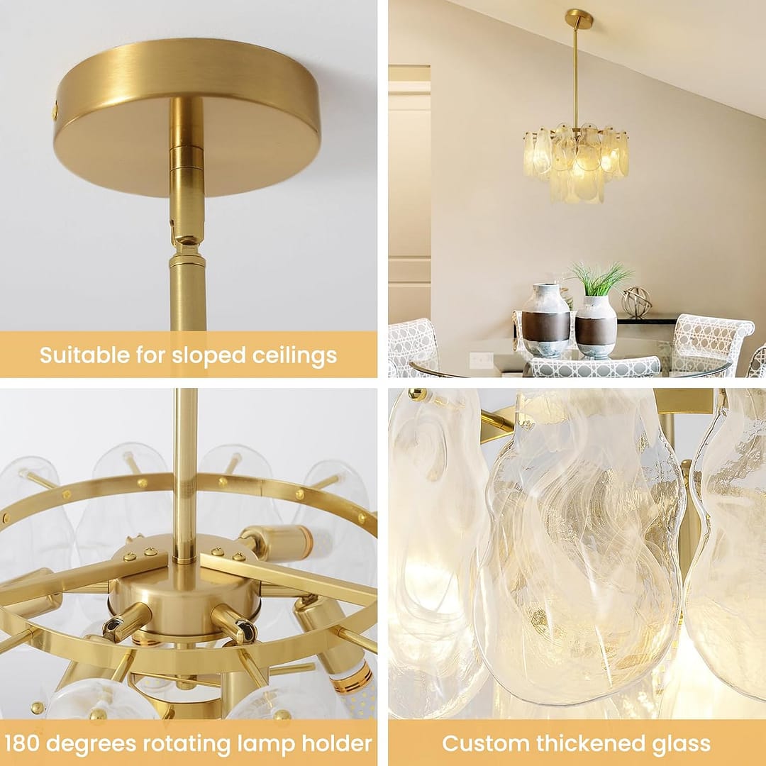Gold Modern Crystal Chandeliers 16.4in 2 Tier Pendant Light Fixtures 6-Light Round Cloud Glass Chandelier White and Gold Hanging Lighting for Dining Living Room Kitchen Island Bedroom Hallway