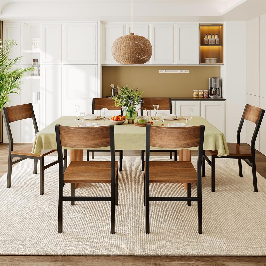 Feonase Dining Chairs Set of 6, Modern Kitchen Chairs with Ergonomic Backrest, MDF Board and Metal Legs, for Dining Room, Kitchen and Living Room, Easy Assembly, Walnut
