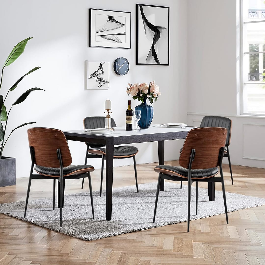 LUNLING Mid Century Modern Retro Faux Leather Dining Chairs Set of 4 with Walnut Bentwood Upholstered Seat Metal Legs Adjustable Foot (Black)