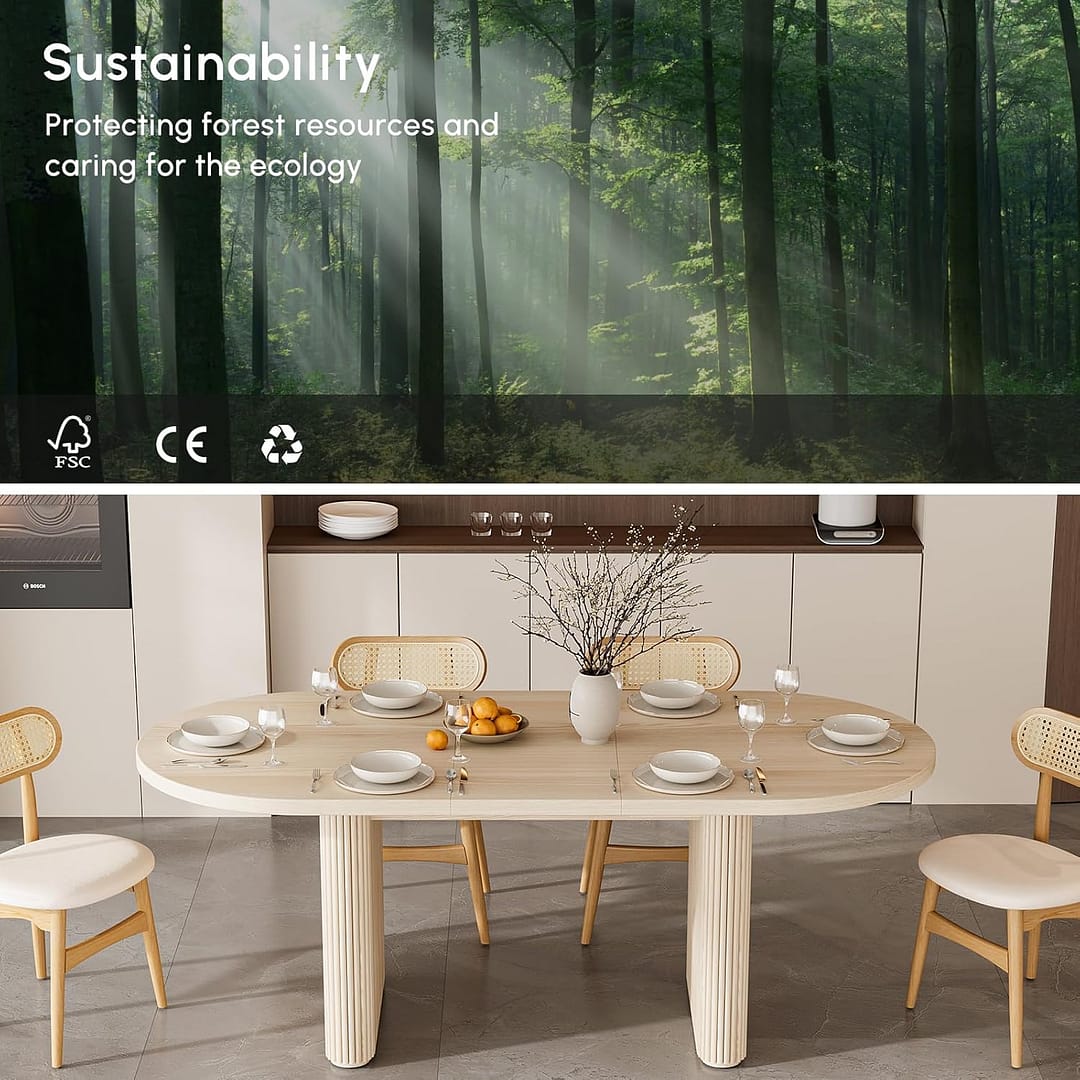 homary Oval Dining Table for 4-6, 63″-79″ Extendable Kitchen Table, Japandi Wooden Dining Room Table with Pedestal Base