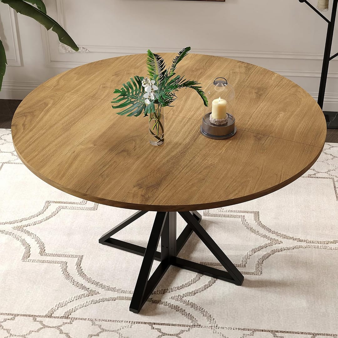 Round Dining Table for 4, 47″ Dining Room Table with Heavy Duty Metal Base, for Kitchen Dinning Room, Brown