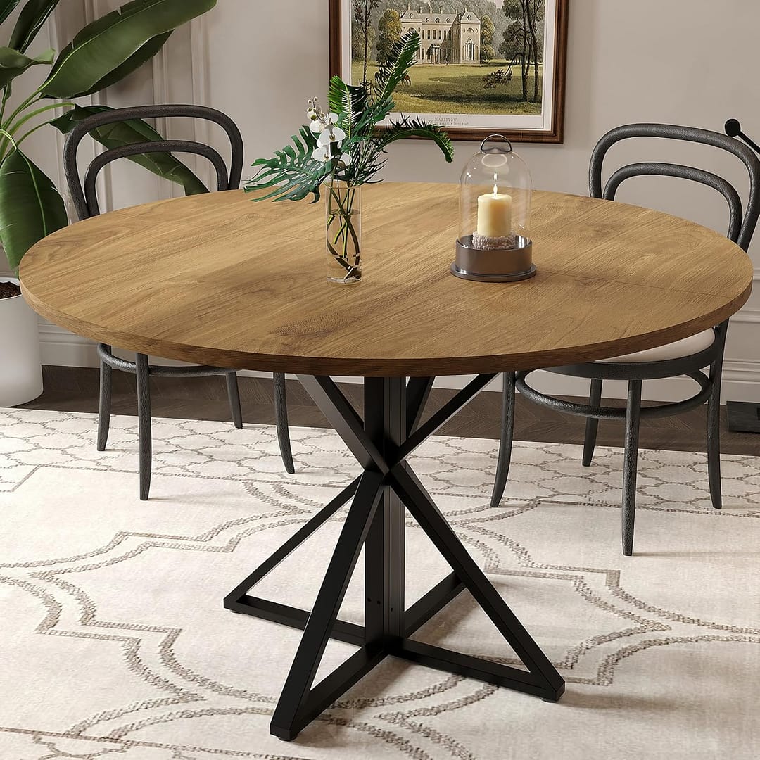 Round Dining Table for 4, 47" Dining Room Table with Heavy Duty Metal Base, for Kitchen Dinning Room, Brown