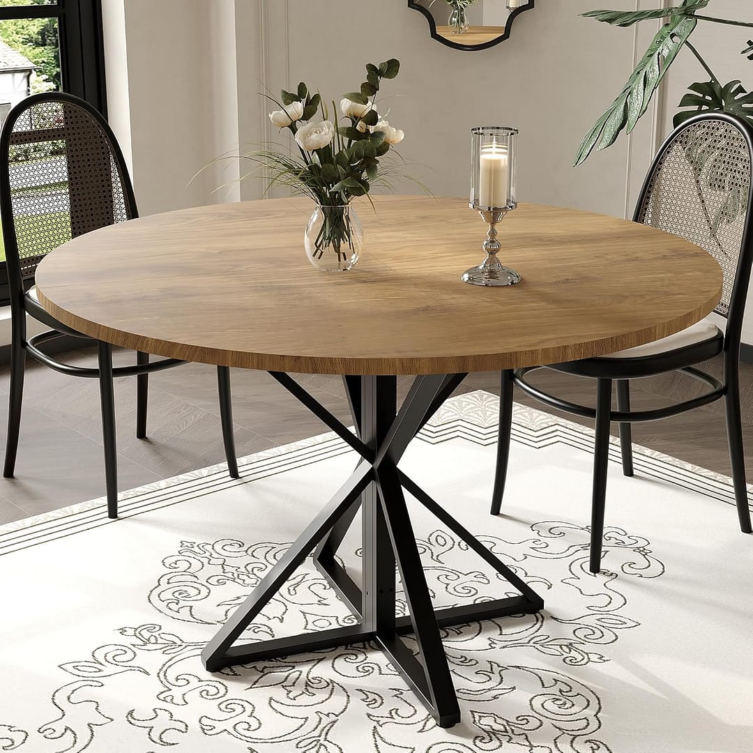 Round Dining Table for 4, 47″ Dining Room Table with Heavy Duty Metal Base, for Kitchen Dinning Room, Brown