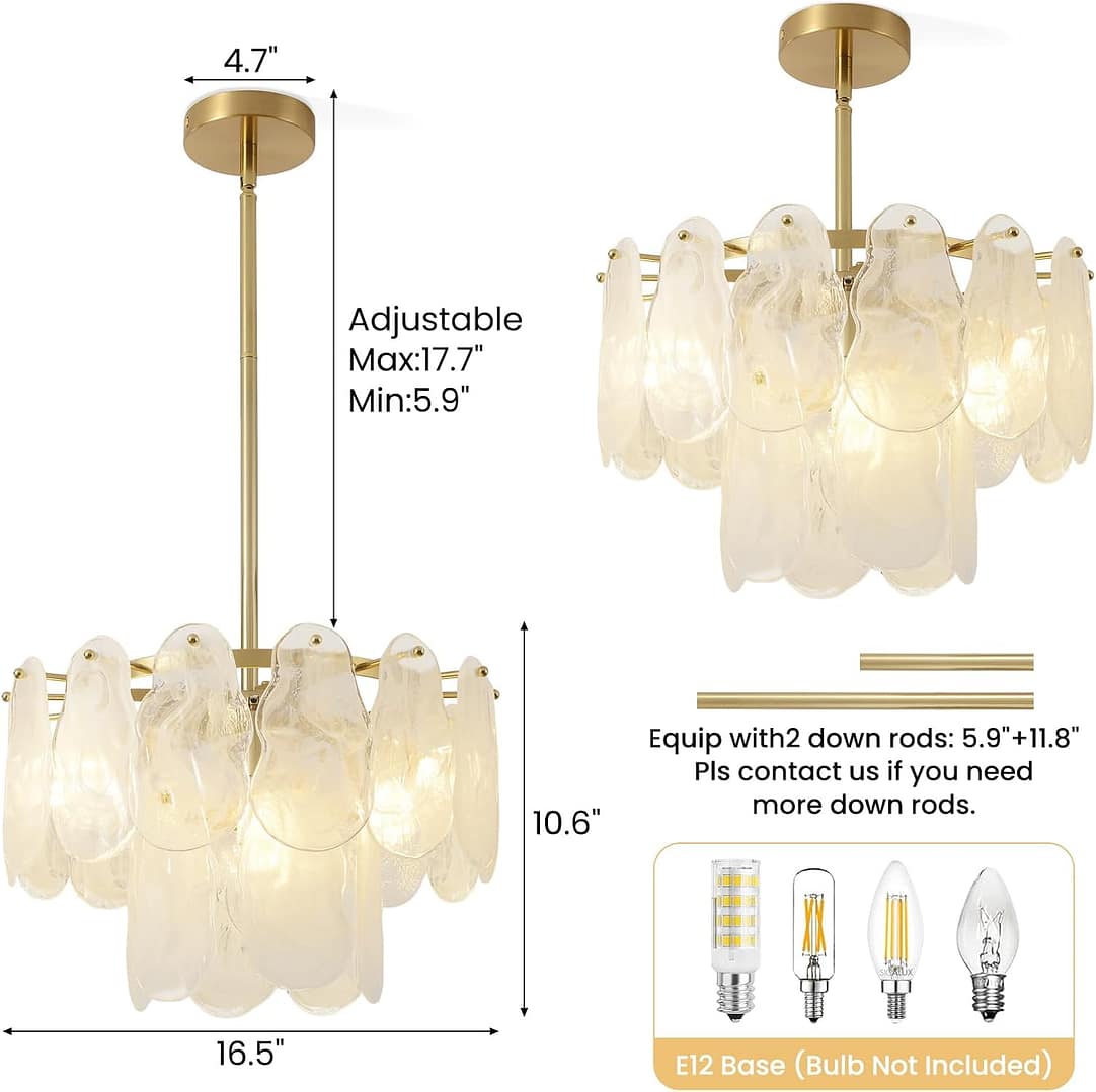 Gold Modern Crystal Chandeliers 16.4in 2 Tier Pendant Light Fixtures 6-Light Round Cloud Glass Chandelier White and Gold Hanging Lighting for Dining Living Room Kitchen Island Bedroom Hallway