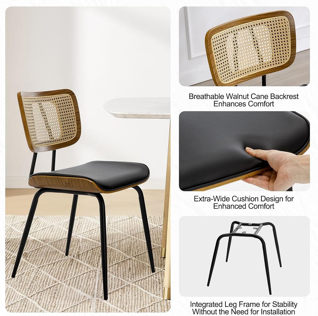 Black Dining Chairs Set of 4, Faux Leather Dining Chairs with Rattan Back, Mid Century Dining Room Chairs with Metal Legs, Modern Upholstered Armless Kitchen Side Chairs for Dinner
