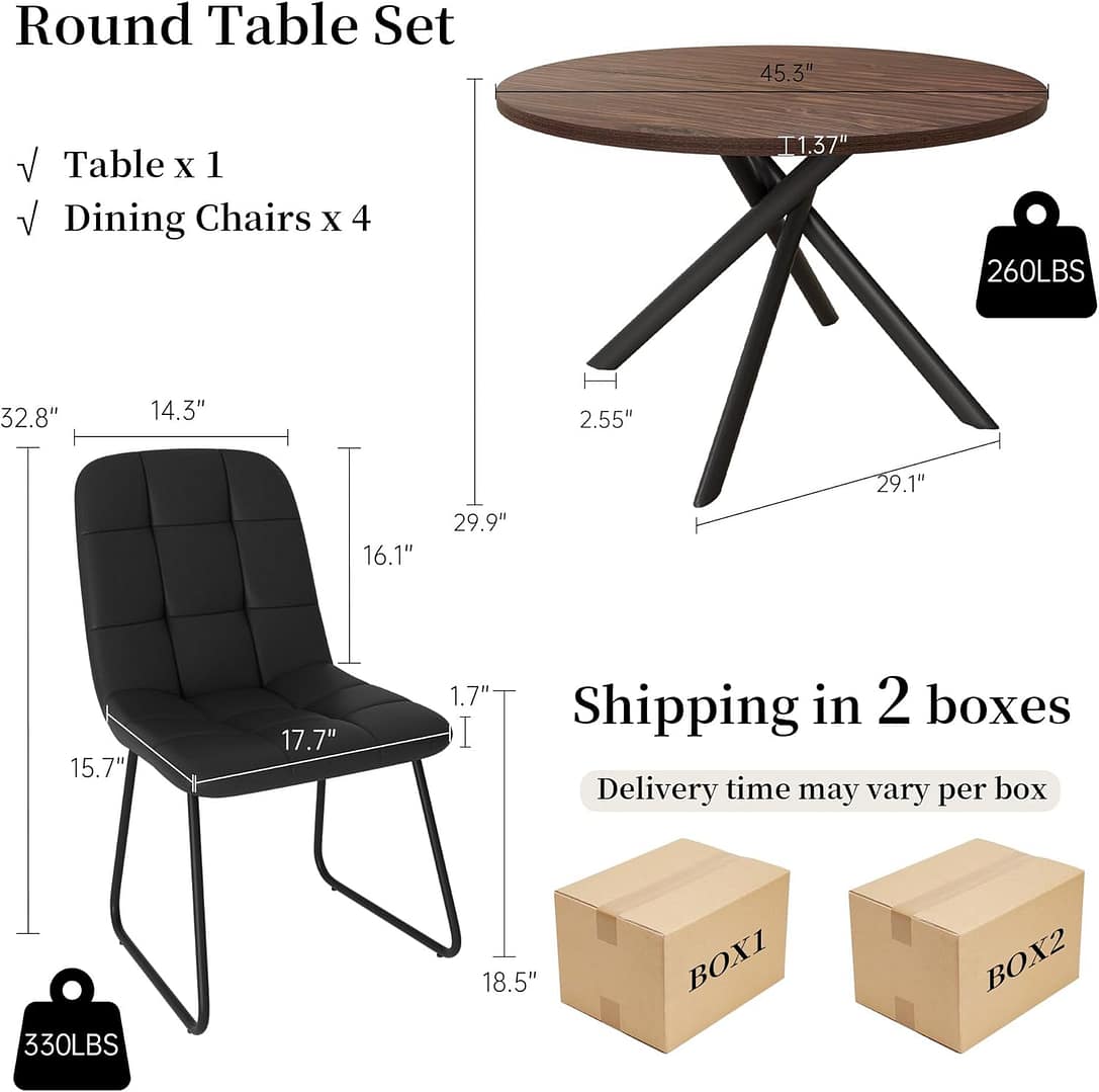 45.3 Inch Round Dining Table Set for 4, Mid Century Modern Small Coffee Set for Dining Room Kitchen Apartment (Walnut Table + 4 U-Shaped Black Chairs)