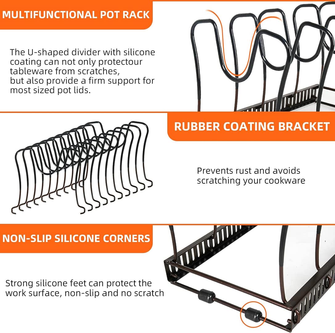 ROOHUA Pot Rack -Expandable Pan Organizer for Cabinet,Pot Lid Holder with 10 Adjustable Compartment for Kitchen Cabinet Cookware Baking Frying Rack,Bronze