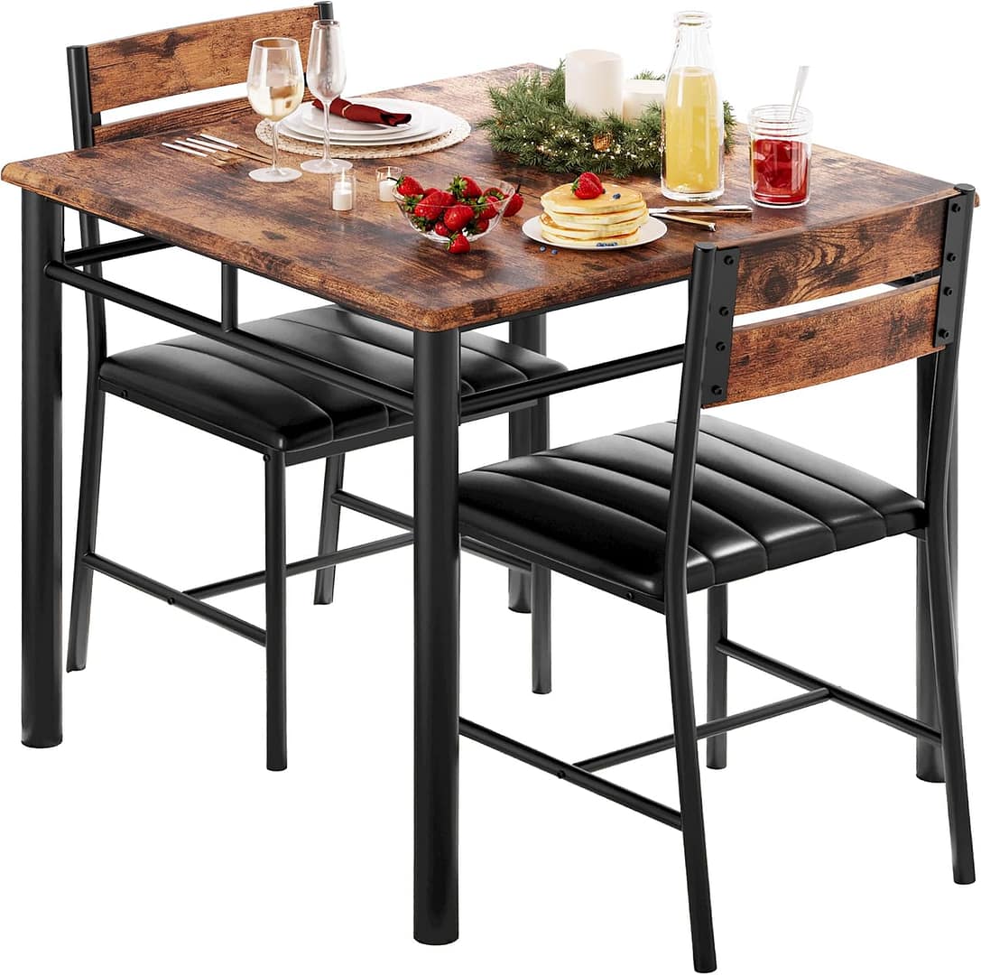 IRONCK Dining Table Set for 2, Small Kitchen Table with Upholstered Chairs Dinning Table Set for Kitchen & Dining Room, Compact Dining Set for Small Spaces, Rustic Brown