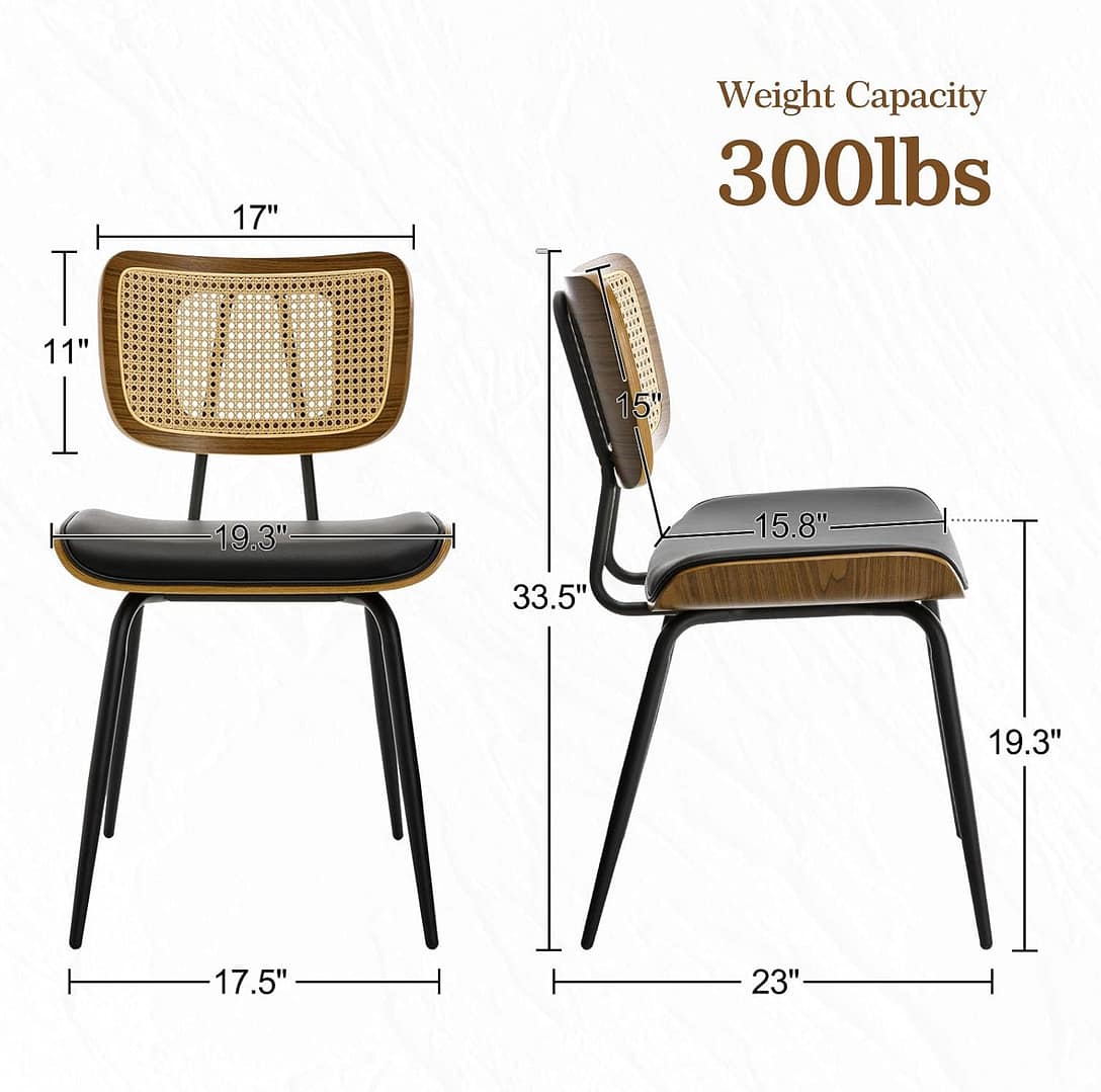 Black Dining Chairs Set of 4, Faux Leather Dining Chairs with Rattan Back, Mid Century Dining Room Chairs with Metal Legs, Modern Upholstered Armless Kitchen Side Chairs for Dinner