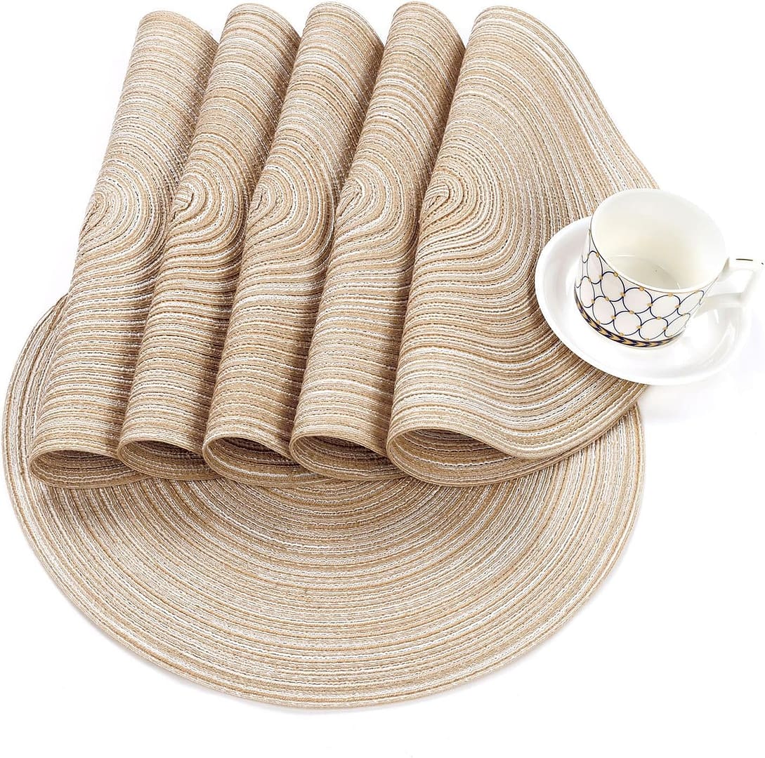 SHACOS 15 inch Round Braided Placemats Set of 6 Non Slip Heat Resistant Round Table Mats Washable Place Mats for Dinner Party Table Decoration (Beige, 6)