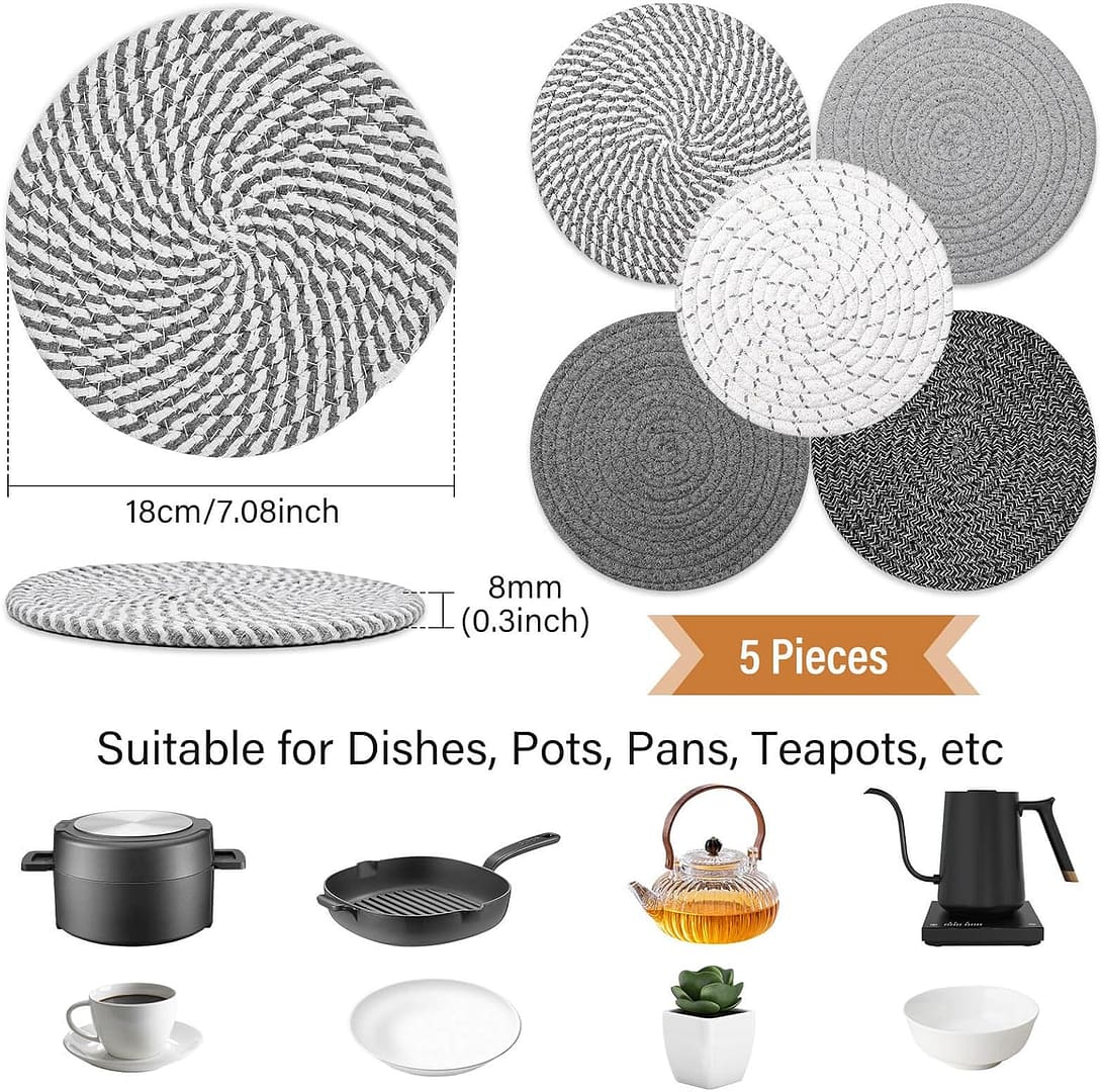 Trivet Mats Set for Hot Dishes, 5 Heat Resistant Pot Holders Kitchen Counter, Table, Home Essentials, Anti Stain Hot Pads Plate Mats for Hot pots and Pans, 7 Inches