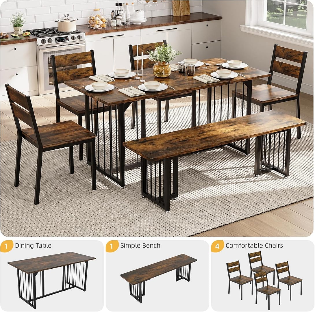 DWVO 63 Inch Dining Table Set for 6-8 People 6-Piece Large Kitchen Table Set with 2 Benches and 4 Chairs Farmhouse Rectangular Dining Room Table Set for Kitchen Dining Room Apartment Rustic Brown