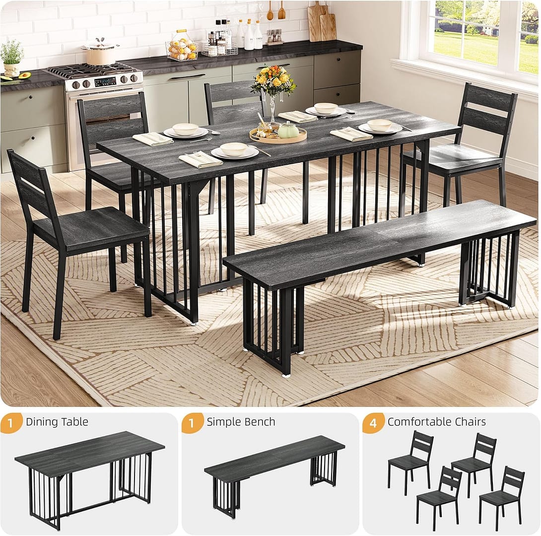 DWVO 6-Piece Dining Table Set for 6-8 People 63 Inch Kitchen Table Set with 2 Benches and 4 Chairs Farmhouse Rectangular Dining Room Table Set for Kitchen Dining Room Apartment Dark Grey