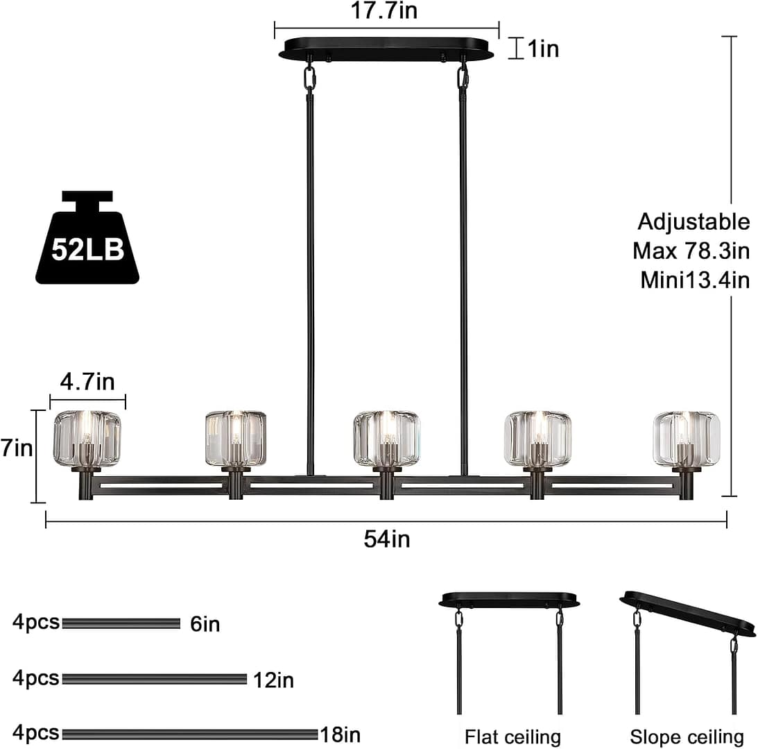 Modern Crystal Chandelier, 54″ Black Rectangle Chandeliers for Dining Room, 5-Light Kitchen Island Lighting, Light Fixtures Over Table,Pendant Lighting Fixture for Dining Room Bedroom