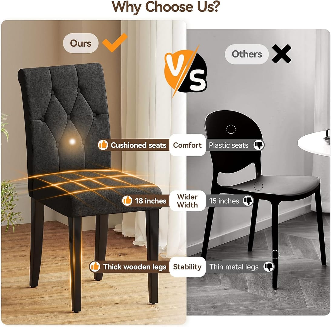 Upholstered Dining Chairs Set of 2, Button Tufted Parsons Dining Chair with Solid Wood Legs, Modern Fabric Side Chair for Dining Room/Kitchen/Restaurant/Hotel- Black