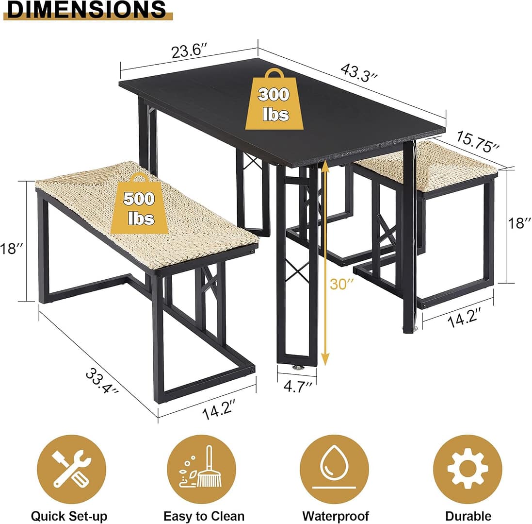 VECELO 43.3″ Farmhouse Dining Room Table Sets with 3 Benches, Wicker Mats, Adjustable Feet, Space-Saving Breakfast/Coffee Table for Kitchen Dining, Pitch Black