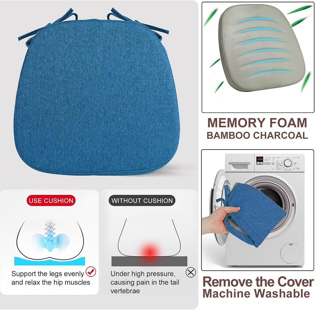 SINOSSO 1 Pack Memory Foam Chair Cushions for Dining Chair, Friendly Woven Fabric 16″ U-Shape Comfortable Kitchen Chair Pad, Removable Slip Resistant Seat Cushion (1 Piece, Blue)